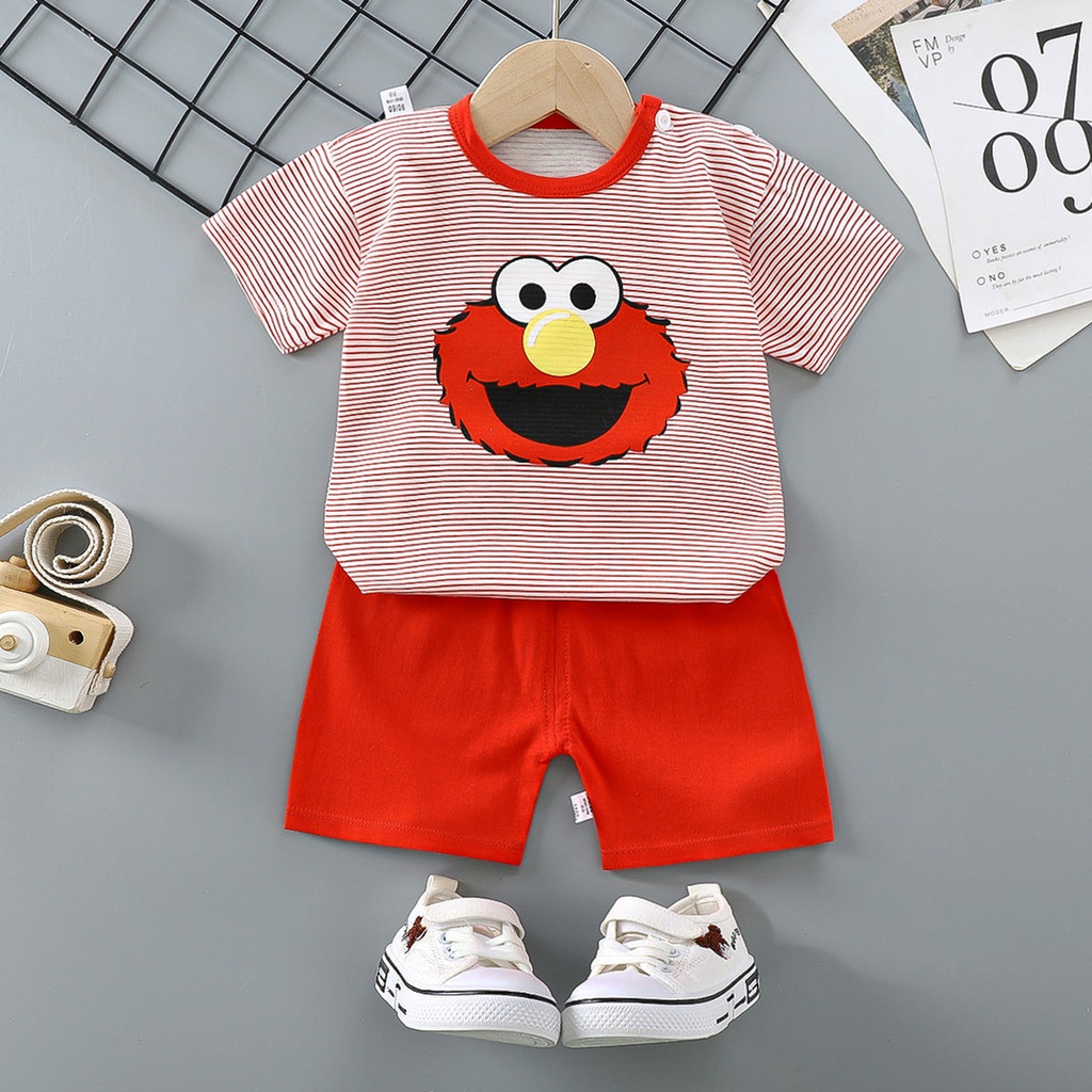 Bộ Áo Thun Cotton Tay Ngắn In Hoạt Hình + Quần Short Kiểu Hàn Quốc Thời Trang Mùa Hè Cho Bé