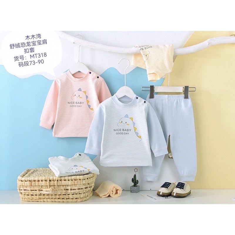 Bộ Cotton Nỉ Dài Tay Cao Cổ Thu Đông Bo Gấu Hoạ Tiết Đáng Yêu Dày Dặn Mềm Mại Cho Bé