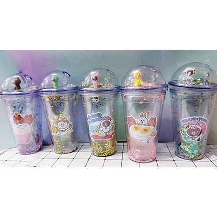 Cốc 2 lớp kim tuyến gấu brown thỏ cony vịt sally khủng long nắp cầu CNCKI4 cốc làm lạnh dễ thương 500ml
