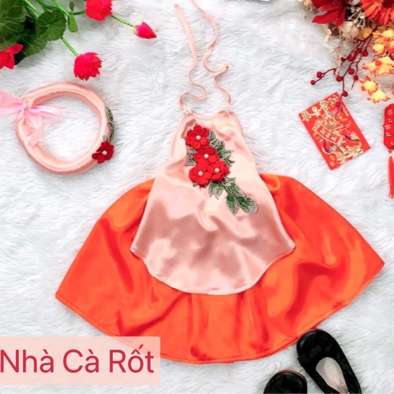 Set yếm đào cam sữa váy cam kèm mấn cho bé gái