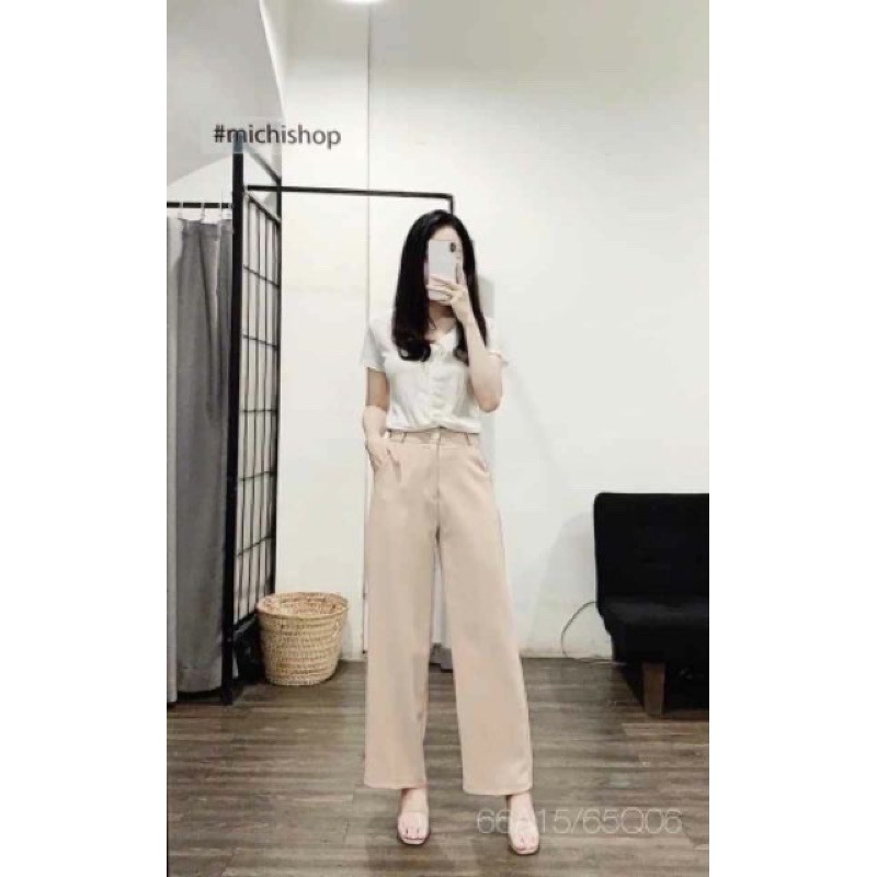 Quần ống suông culottes cài nút đen (Hàng có sẵn).