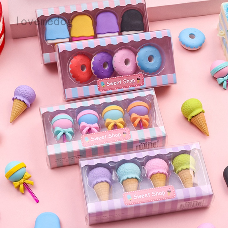 Set 4 Gôm Tẩy Hình Que Kem/Bánh Donut/Bánh Donut/Kẹo Mút Dễ Thương Cho Bé