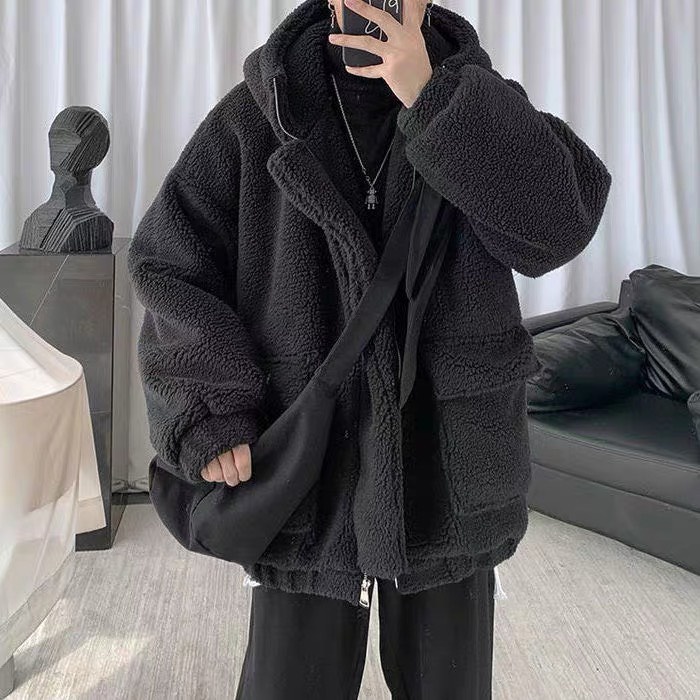 Áo Khoác Lông Cừu Unisex Mũ 2 Lớp Form Rộng Chất Dày,Áo Khoác Jacket Túi Hộp Oversize Nam Nữ Phong Cách Hàn Quốc