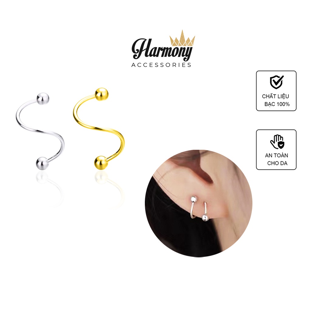 Khuyên tai nữ bạc nguyên chất xoắn bi tròn chốt vặn độc lạ unisex | HARMONY ACCESSORIES K62