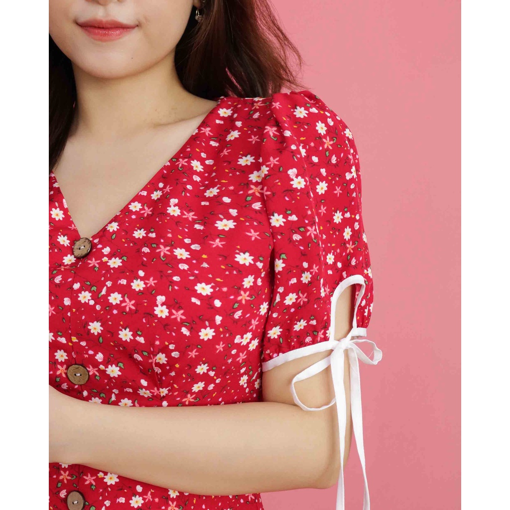 Đầm đỏ xòe hoa nhí vintage thiết kế công sở tay ngắn xinh thời trang bánh bèo đi làm đi chơi eo tôn dáng – Lux W