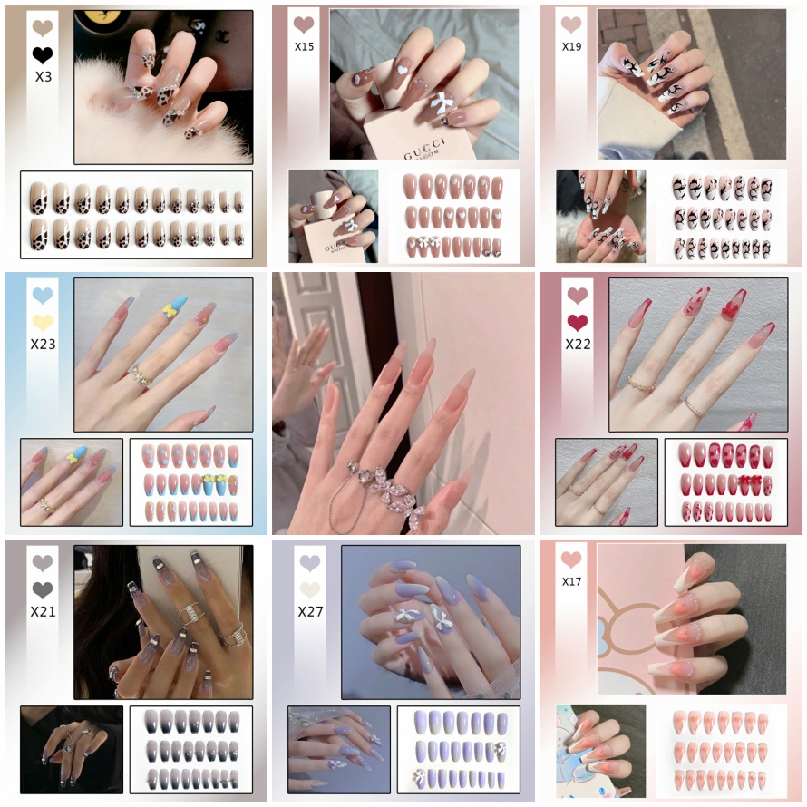 Set 24 Móng Tay Giả dài trong suốt đính nơ đá Gắn Nơ Xinh Xắn Thời Trang Cá Tính Cho Nữ móng giả đính nơ Kèm Keo Dán