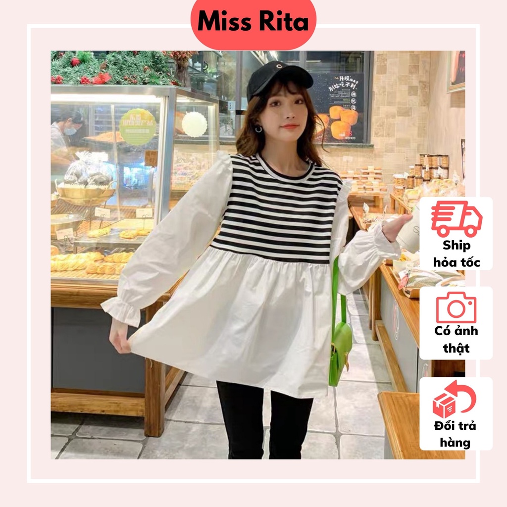Áo babydoll thiết kế MISS RITA Áo bầu công sở tay dài pha kẻ ngang thiết kế bởi MISS RITA