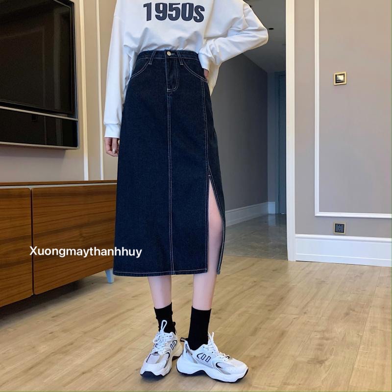 Chân váy bò dáng A cạp cao, váy jean xẻ tà unisex chỉ nổi