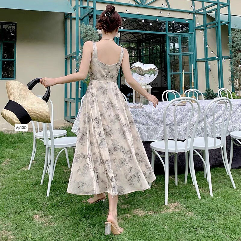 M304 - Đầm voan hoa hai dây xếp ly ngực dáng dài xòe