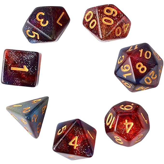 Bộ 7 viên xúc xắc xí ngầu đa diện phối 4 mầu giải ngân hà chơi Dungeons & Dragons