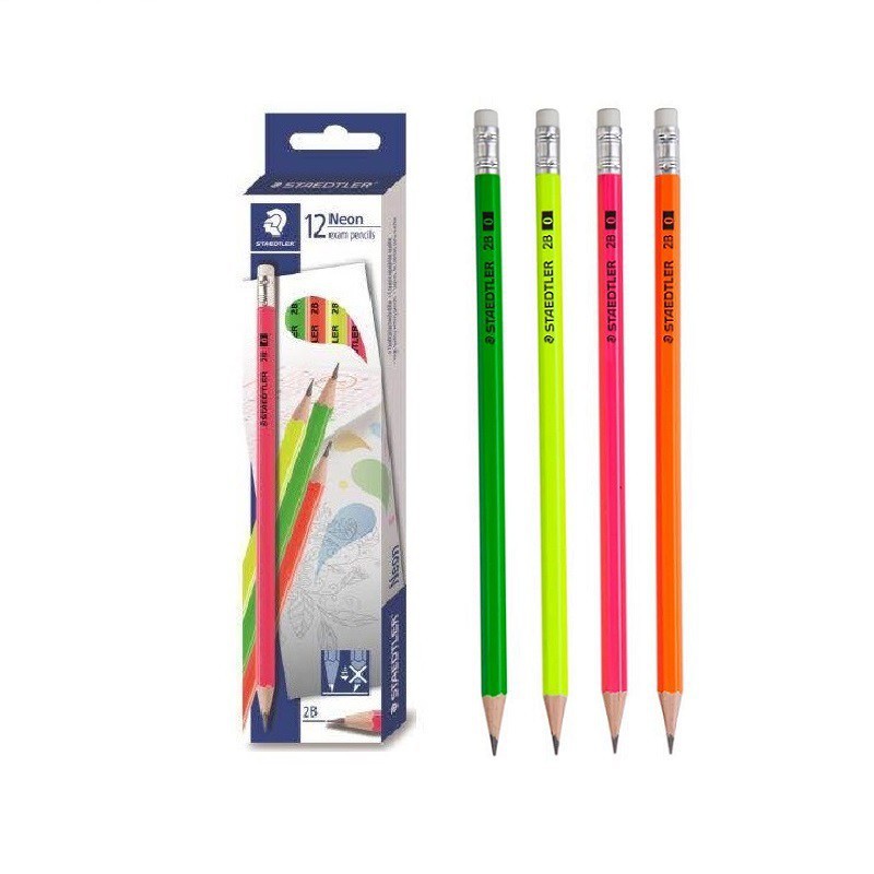 Hộp 12 chiếc bút chì 2B thân nhiều màu Neon có tẩy Đức Staedtler 13244 C12 (Gồm 4 màu Vàng, Cam,Xanh,Hồng)