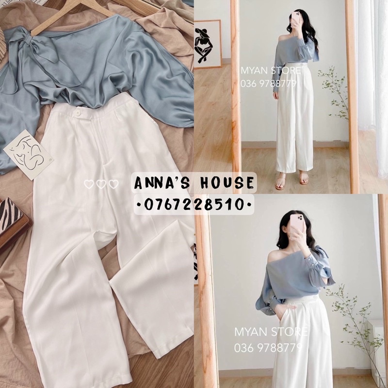 Set áo lụa xanh lệch vai nơ + quần suông trắng ống rộng