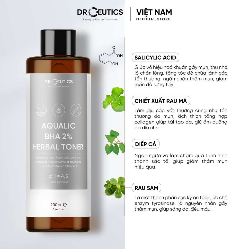 DrCeutics Dung dịch Cân Bằng Da AQUALIC BHA 2% HERBAL TONER - NỀN NƯỚC