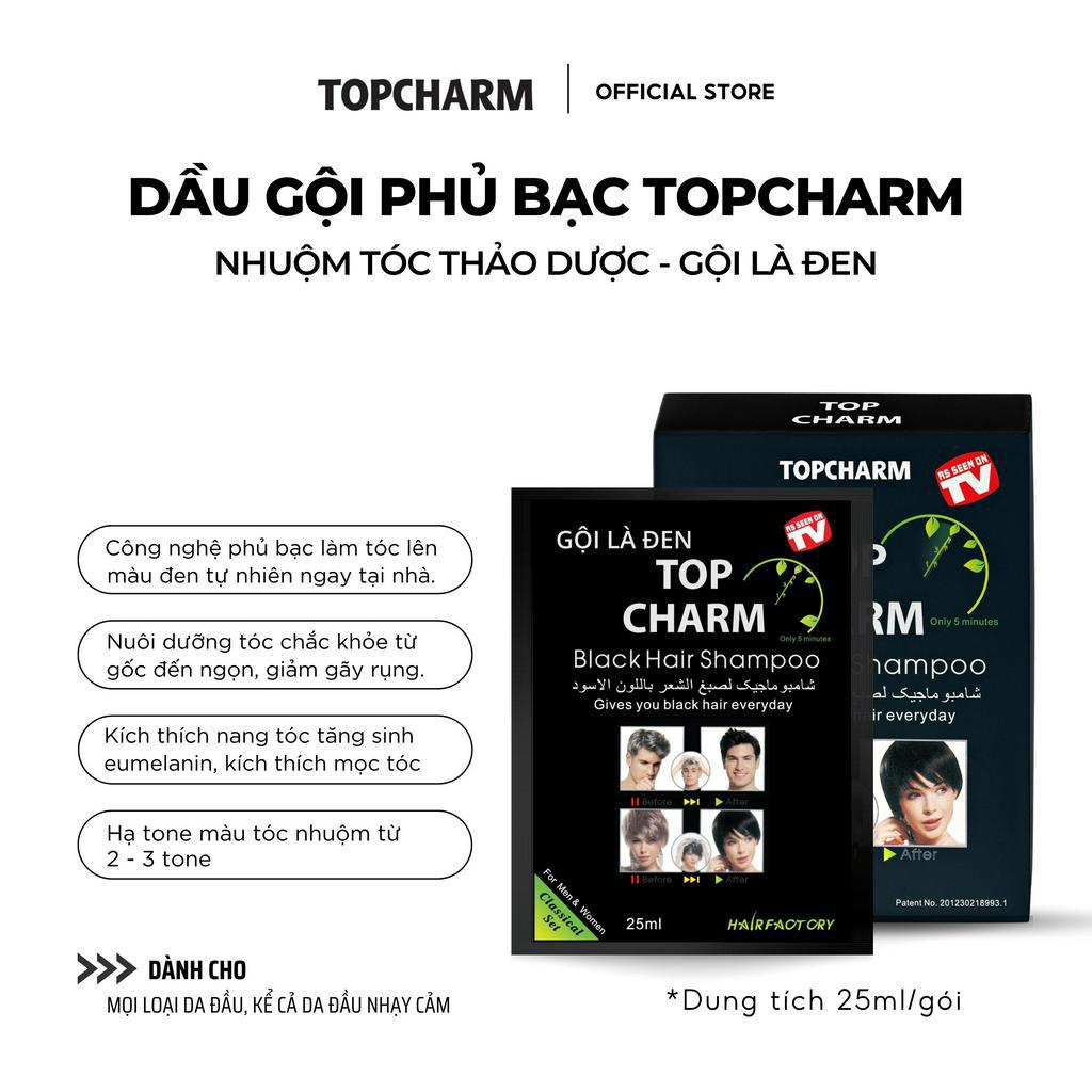 Dầu gội phủ bạc TOPCHARM gói 25ml, màu đen tự nhiên, an toàn da đầu, kích thích mọc tóc