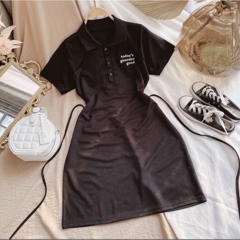 Đầm Polo Đen Thêu Chữ || Đầm Polo Xinh Xắn [FREESHIP]Hình Thật