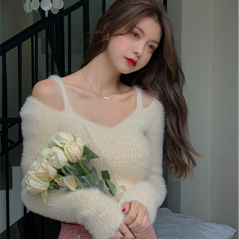 SUXI Áo kiểu dệt kim tay dài ôm dáng trễ vai phong cách Hàn Quốc thời trang mùa thu dành cho nữ