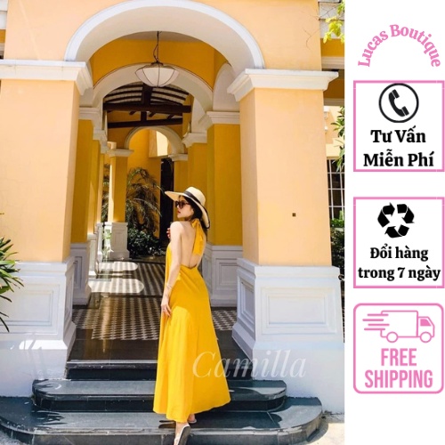 Đầm maxi,váy maxi hở lưng, Dáng dài dây buộc nơ, cổ yếm có mút ngực(lucas boutique chuyên sỉ lẻ hàng quảng châu)