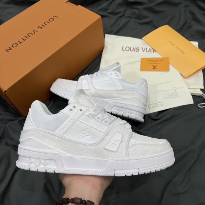 GIÀY LV TRAINERS SNEAKER ALL WHITE LAI AU  , giày lv trắng full độn đế nam nữ
