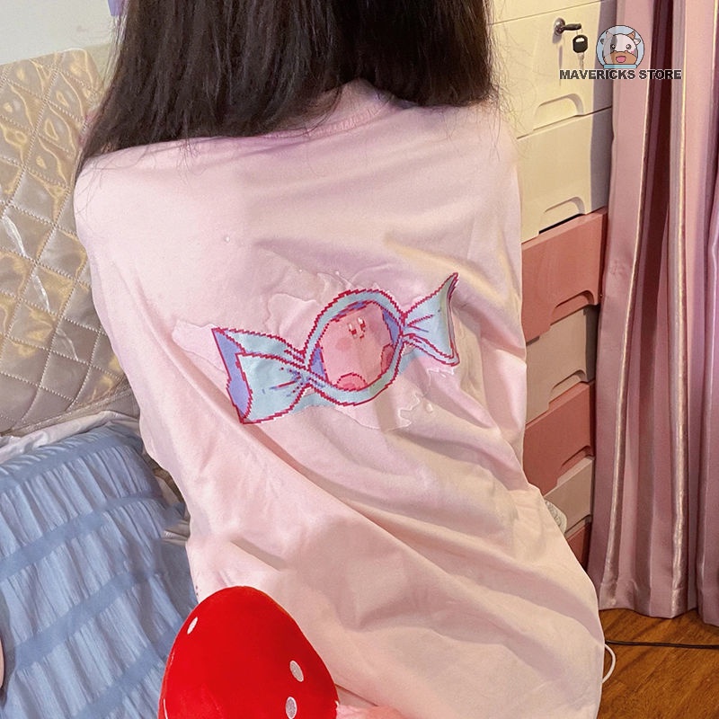 Áo thun cotton tay ngắn dáng rộng in hình Kirby màu hồng phong cách dễ thương thời trang mùa hè cho nữ
