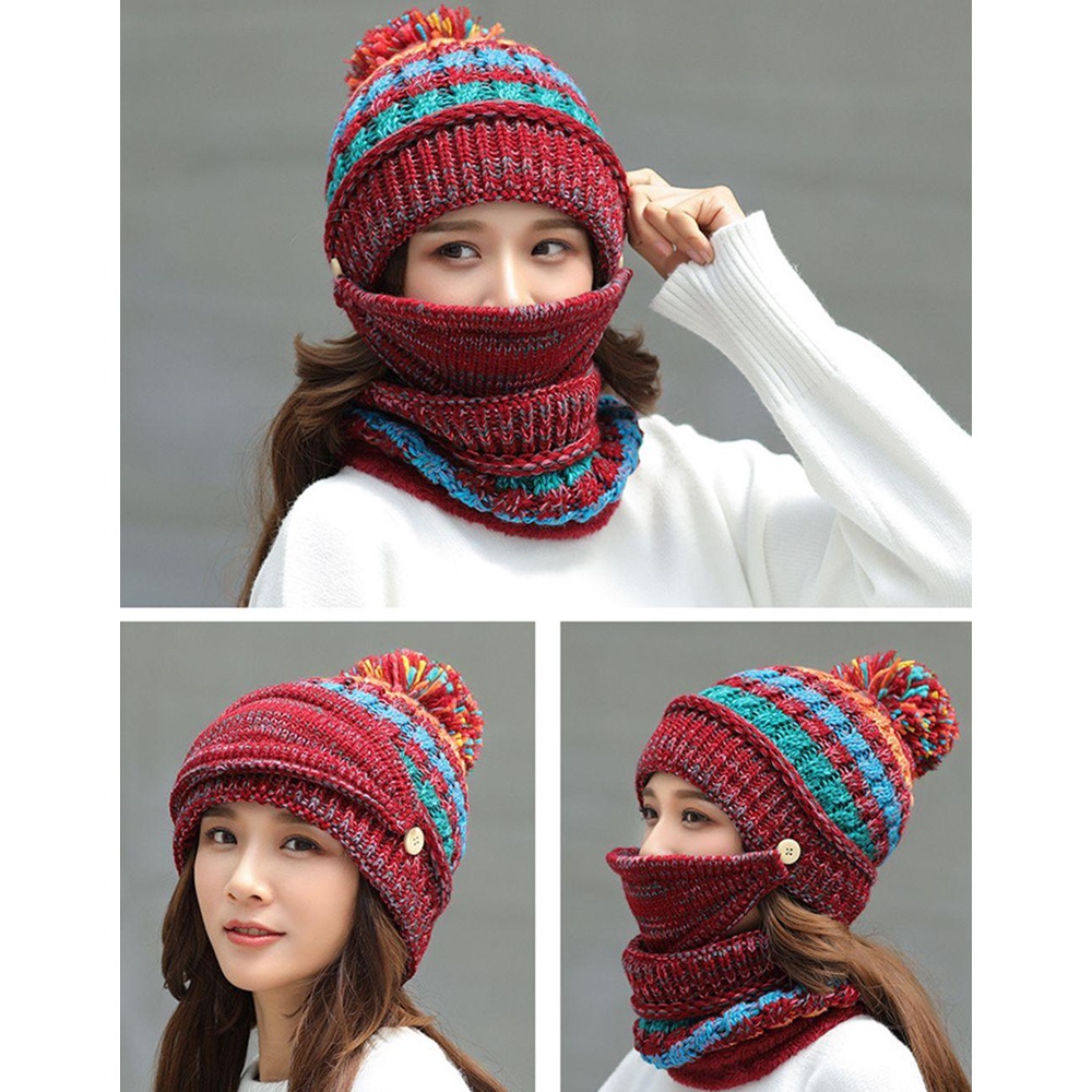 Set Mũ beanie Và Khăn Choàng Cổ Phối Bóng Lông Ấm Áp Cho Nữ