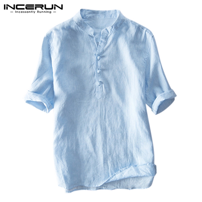 INCERUN Men Slim Fit Cotton Linen Plain V Neck Short Sleeve Shirt | BigBuy360 - bigbuy360.vn