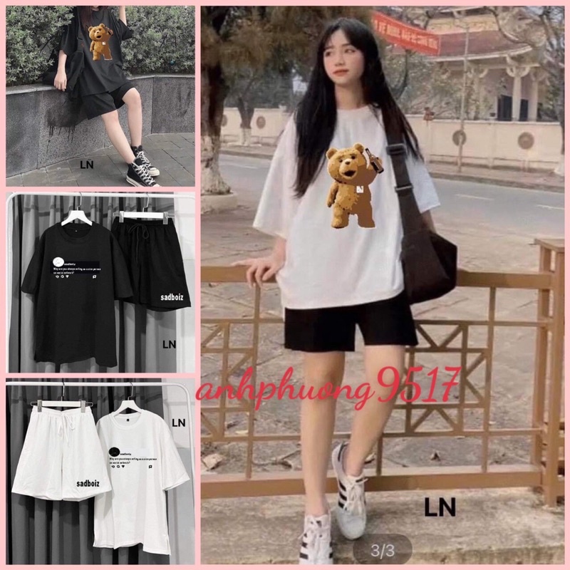 Set ngủ nữ Gấu, Sadboiz Bộ quần short đùi áo form rộng tay lỡ, sooc phông mặc ở nhà Ulzzang Phong cách thể thao