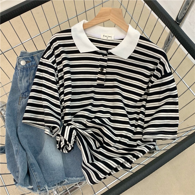 SUXI Áo polo Ngắn Tay Dáng Rộng Họa Tiết Kẻ Sọc Tương Phản Thời Trang Mùa Hè Cho Nữ