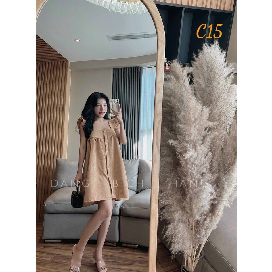 [ Miẽn phí ship 2022 ] Đầm cánh tiên nâu gài nút xinh xắn dịu dàng, váy ngắn bánh bèo đi chơi, dạo phố