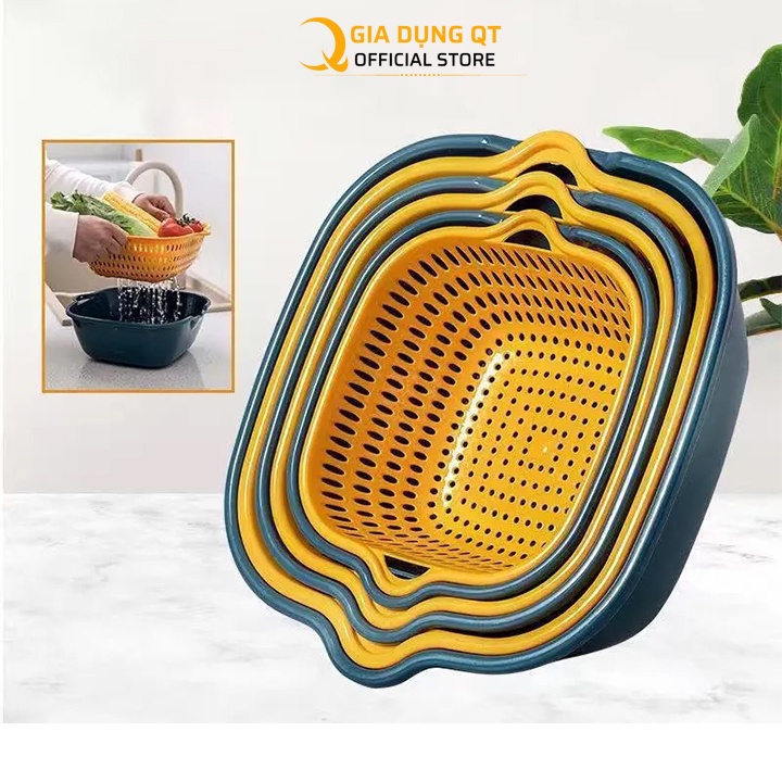 Set 6 món rổ kèm chậu bộ 3 rổ và chậu, thau nhựa rửa rau củ đựng hoa quả trái cây 2 lớp hình tròn chất liệu nhựa PP