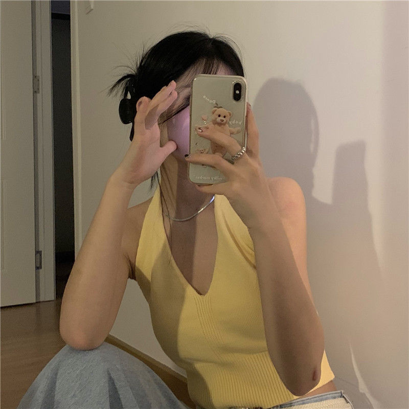 Áo hai dây dệt kim cổ yếm màu trơn gợi cảm cho nữ