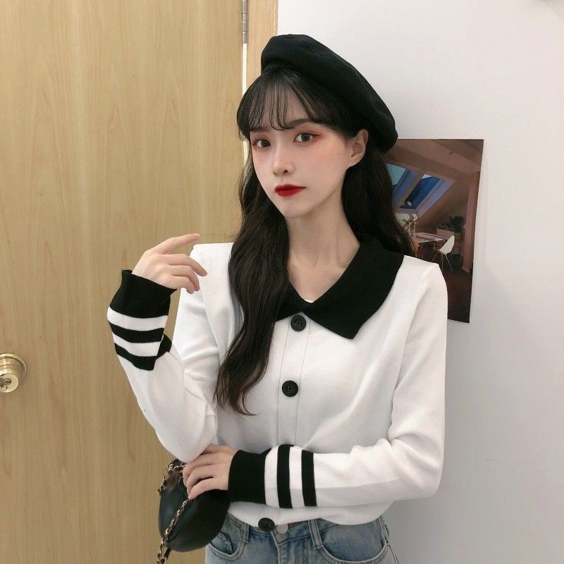 Áo khoác cardigan dệt kim cổ bẻ tay dài dáng rộng kẻ sọc thời trang mùa thu cho nữ