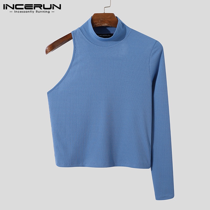 Áo thun thân ngắn INCERUN dáng ôm vừa vặn tay tay dài một bên 3 màu tùy chọn thời trang cho nam