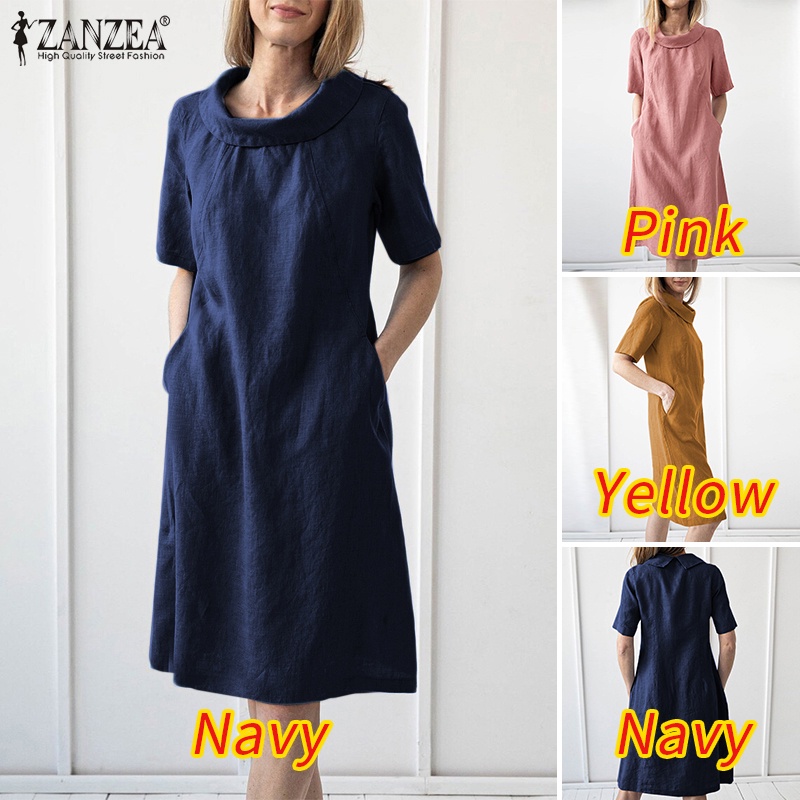 Đầm midi ZANZEA dáng chữ H có túi phong cách Châu Âu cho nữ