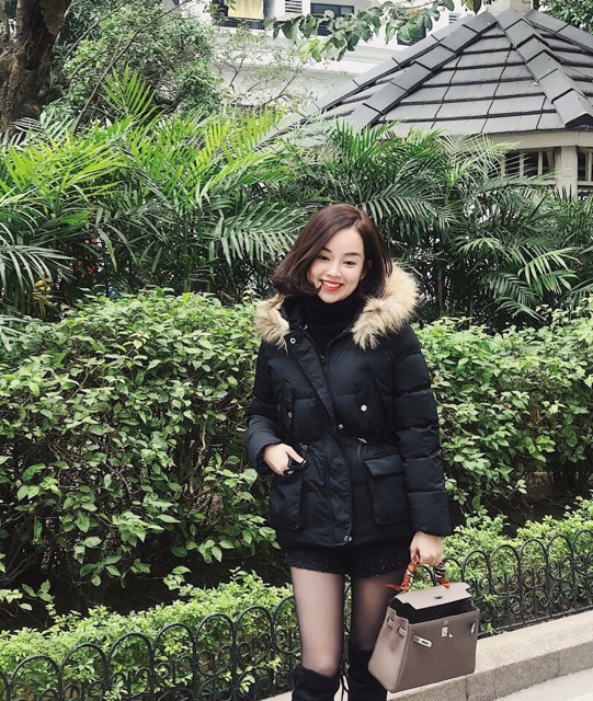 Áo phao lông vũ thắt eo mũ lông