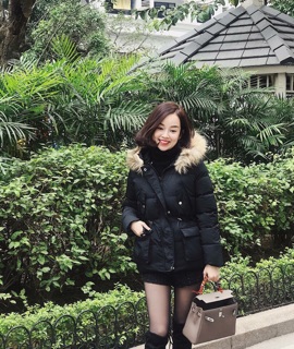 Áo phao lông vũ thắt eo mũ lông