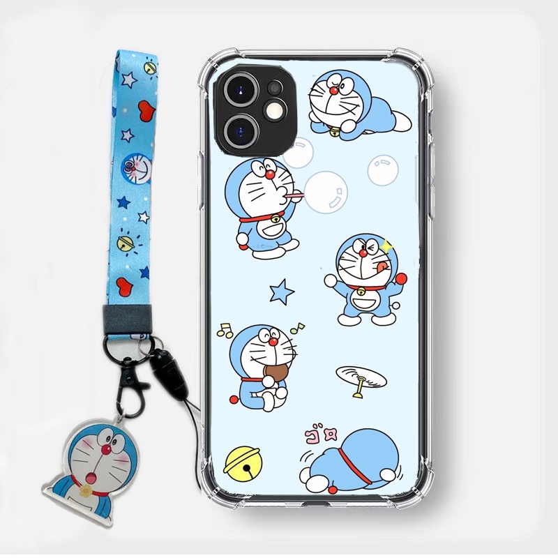Ốp Điện Thoại Trong Suốt Dày Dặn Chống Sốc Hình Doraemon Kèm Dây Đeo