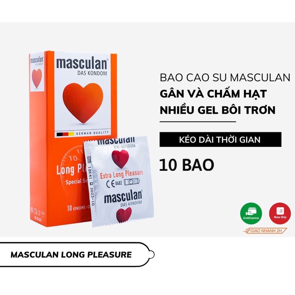 Bao Cao Su Masculan Long Pleasure Kéo Dài Thời Gian, Có Gân Và Chấm Hạt - Hộp 10 Bao