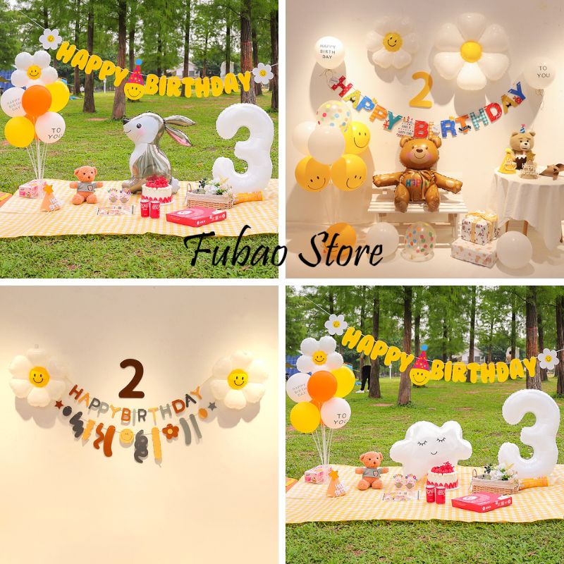 [TẶNG KÈM BƠM, KEO DÁN, BÓNG SỐ TUỔI] Set bóng trang trí sinh nhật hàn quốc, hình hoa cúc, party Fubao Store