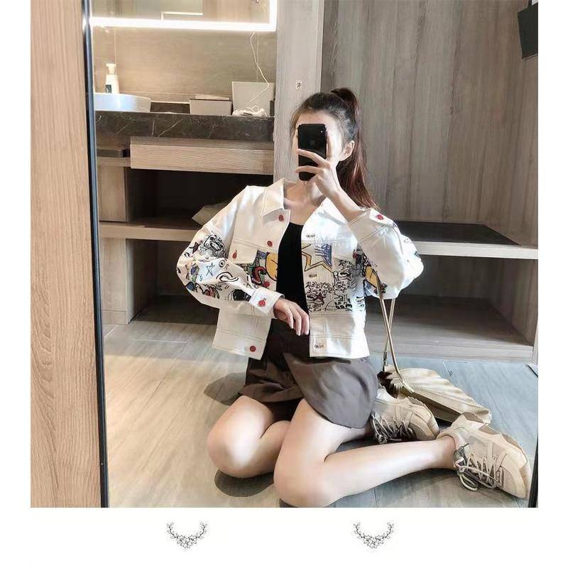 Áo Khoác Denim Ngắn Dáng Rộng In Họa Tiết Graffiti Phong Cách Hàn Quốc Cho Nữ