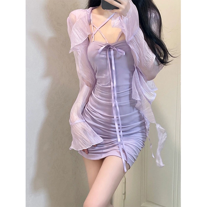 Set Áo Cardigan Bèo Nhún Màu Trơn + Đầm Hai Dây Ôm Hông Gợi Cảm Phong Cách Mùa Hè Mới 2022 Cho Nữ