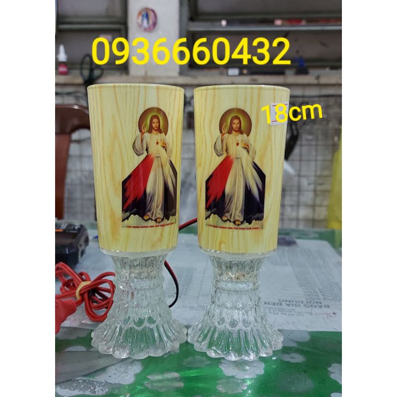 Bộ đèn ly thủy tinh điện bàn thờ công giáo 15cm có in hình Chúa hoặc Mẹ