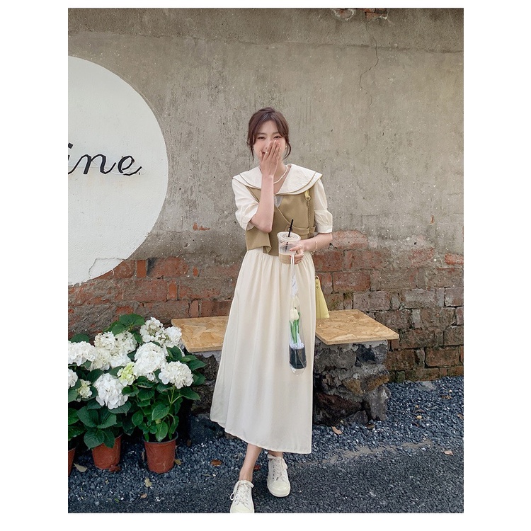 [Ảnh thật/Sẵn] Set váy babydoll cổ sen dáng dài kèm áo gile ngắn vintage