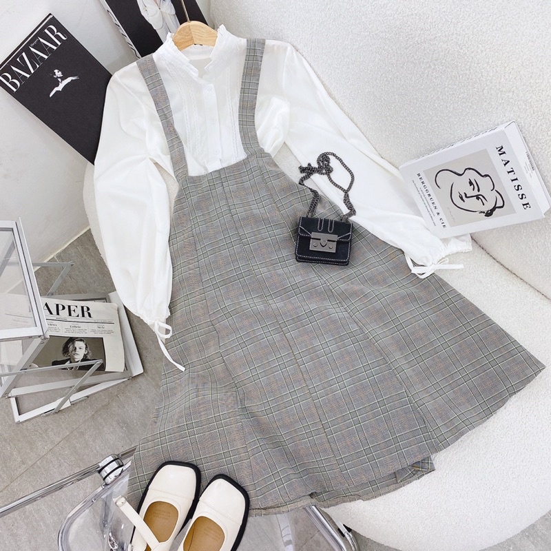 SET YẾM CARO ĐAN DÂY LƯNG + ÁO SƠ MI CỔ BÈO TAY BỒNG