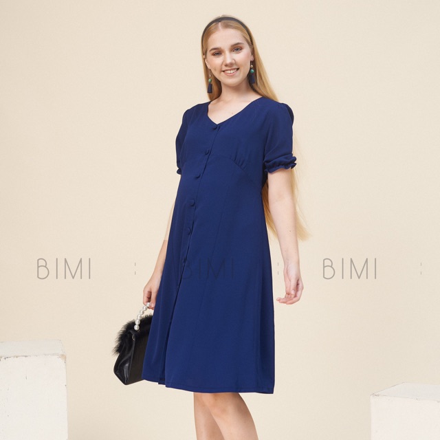 ĐẦM NÚT CỔ V XANH - BIMI