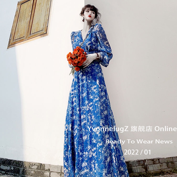 Đầm Voan Hoa Dáng Dài Cổ Chữ v Xẻ Tà Thời Trang Thanh Lịch Cho Nữ