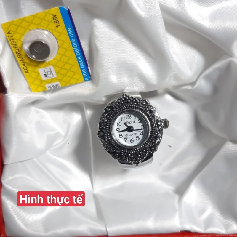Nhẫn đeo tay chạm trổ hình hoa tích hợp đồng hồ xem giờ  UNISEX thời trang Thái Lan độc đáo