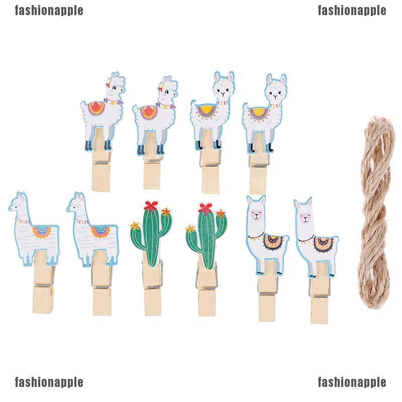 Favn Set 10 Kẹp Gỗ Treo Ảnh Hình Lạc Đà Xương Rồng Alpaca Llamas Hawaiian Kèm Dây Treo