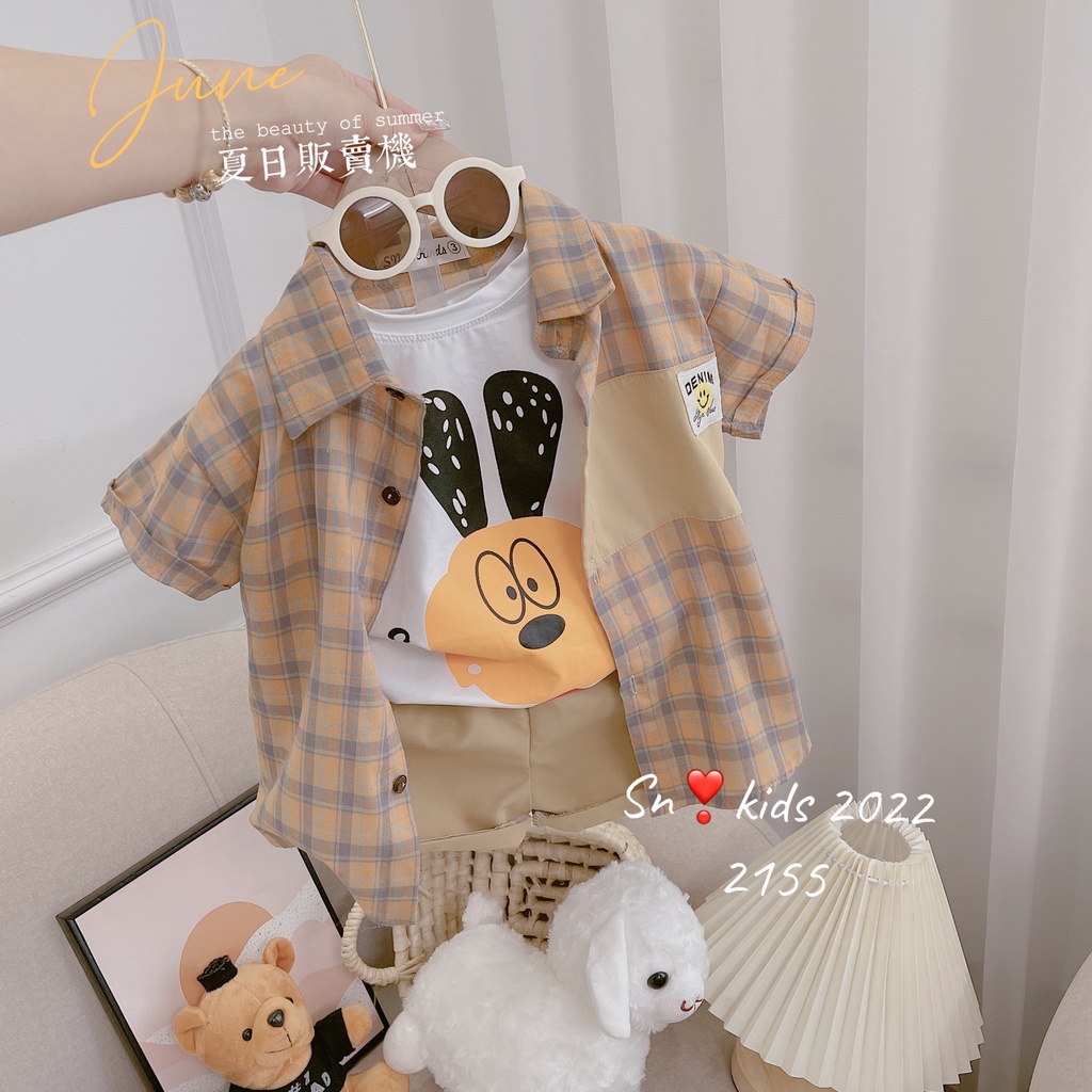 Set 3 chi tiết áo cotton tàu phối sơ mi kẻ mềm kèm quần kaki mềm đẹp