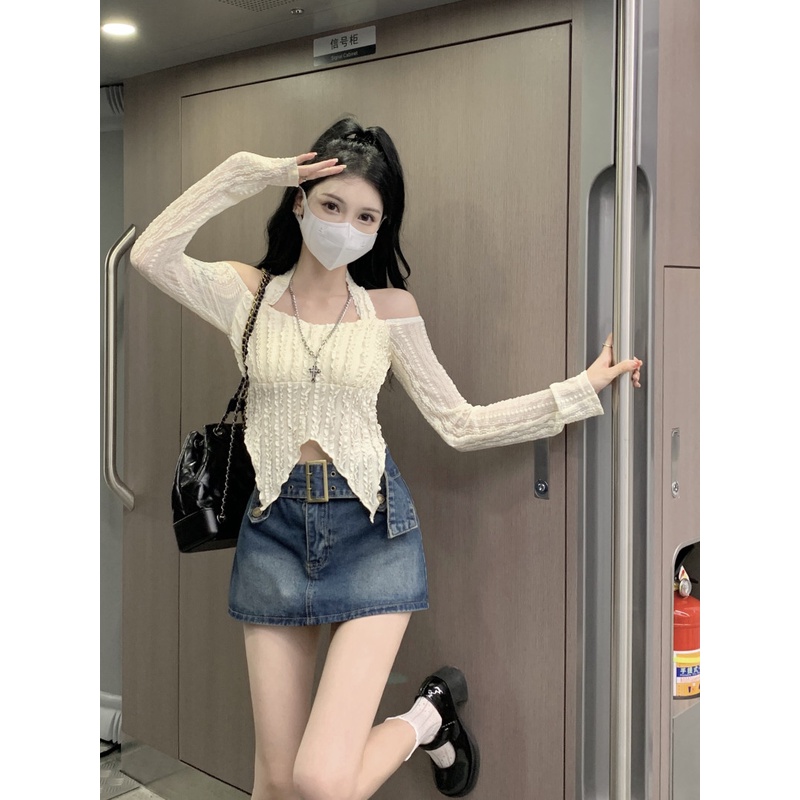 Áo Thun Tay Dài Lệch Vai Dáng Ôm Ngắn Thời Trang Quyến Rũ Cho Nữ