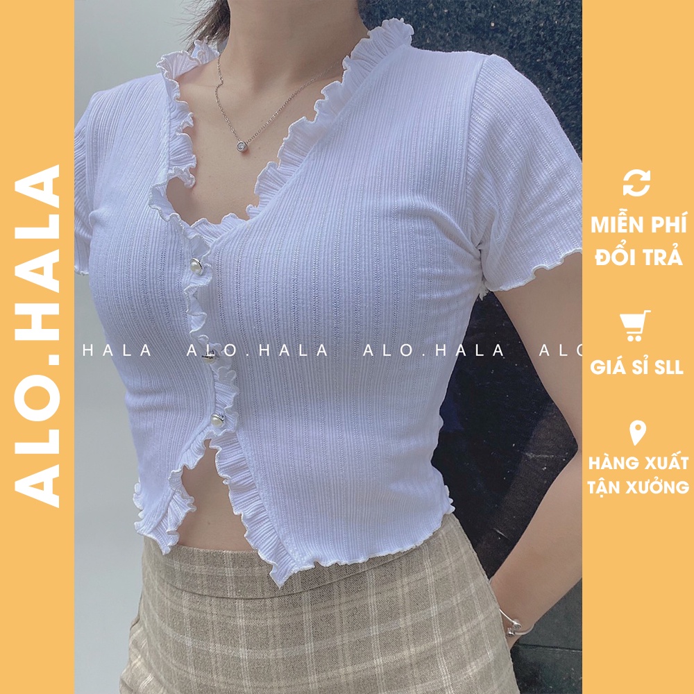 Áo Croptop Nữ, croptop ôm thun gân nhún bèo phong cách lolita màu đen & trắng, Alohala, hàng có sẵn, hình ảnh thật